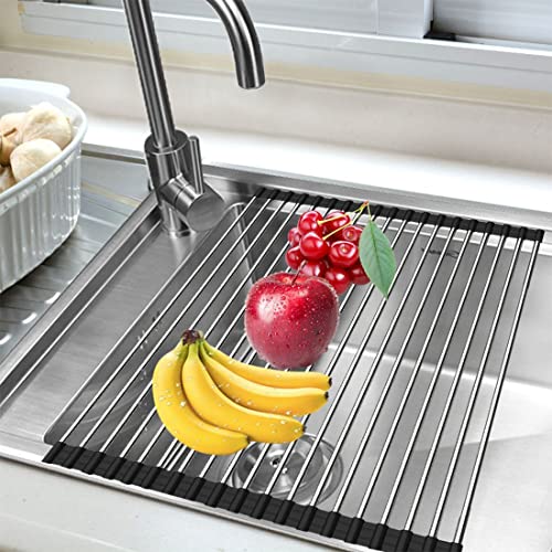 Image of Ahyuan Roll up Dish Drying Rack Over The Sink Kitchen Roll up Sink Drying Rack Stainless Still Portable Drainer Foldable Dish Rack (Black, 17.8''X13.5'')