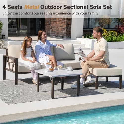 COMLAX FIELD Outdoor Furniture Set, Outdoor Patio Couch Sectional with Ottoman, 3 Pieces Outdoor Patio Sofa Set Deep Seating with 6\" Thick Cushions, Upgrade Beige - Thumbnail 2