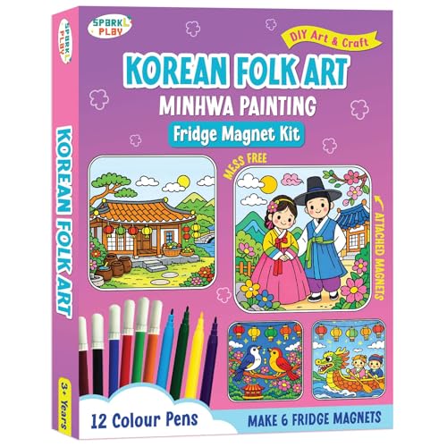 Image of SparkLPlay DIY Craft Kit for Kids - Korean Minhwa Art. Coloring Set with 6 Fridge Magnet Cutouts, 12 Color Pens. Mess Free. Gift for Kids.