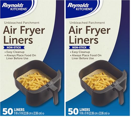 Reynolds Kitchens Air Fryer Liners Disposable, Unbleached Parchment Paper Sheets, 50 Count (Pack of 2)
