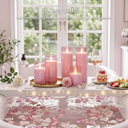 Image of Homemory Realistic Flickering Flameless Pink Candles with Remote & Timer | LED Fake Electric Pillar Candles Battery Operated for Home, Wedding, Christmas Decor, Set of 5