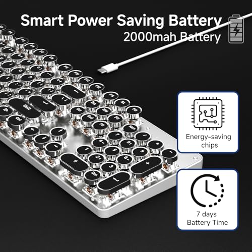 Image of EWEADN TK950 Typewriter Mechanical Keyboard and Mouse, 104 Keys Aesthetic Typewriter Keyboard Mouse Combo with White Backlit, Anti-Ghosting, Black Switch Bluetooth /2.4GHz /Wired Cute Keyboards-Black