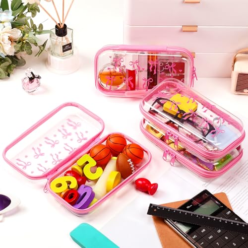 Image of Hoolerry 4 Pcs Pink Bow Clear Hard Zipper Case Cute Coquette Makeup Bags for Women Plastic Transparent Storage Pouch Toiletry Organizers for Travel, Cosmetics, Crafts, Nail Art Supplies