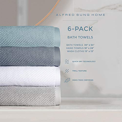 Alfred Sung Home 100% Cotton Quick Dry Textured Bath Towel Set, 6 Piece Set, Includes 2 Bath Towels, 2 Hand Towels And 2 Washcloths, Highly Absorbent, Fast Drying, Luxury Bathroom Towels (Lagoon Blue) #TOP1
