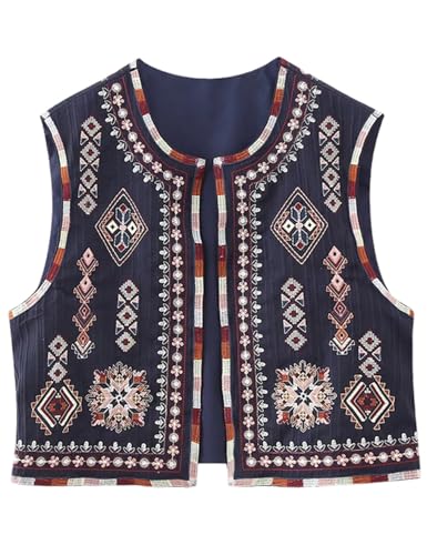 Yimoon Women's Vintage Floral Embroidered Vest Boho Casual Open Front Sleeveless Cardigan Waistcoat