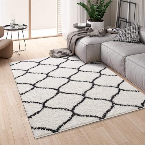 Montella Geometric Shaggy Rug - Super Soft High-pile, Modern Pattern, Non-Shedding, Easy to Clean Area Rugs For Living Room, Bedroom, Kitchen, Dining Room (Trellis - Ivory/Black, 200x290)