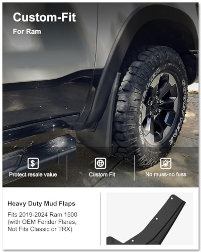 Image of KIWI MASTER Mud Flaps for 2019-2024 Dodge Ram 1500 (with OEM Fender Flares, Not Fits Classic or TRX), Heavy Duty Front & Rear Mud Guards, No Drill, 4 Pcs Set