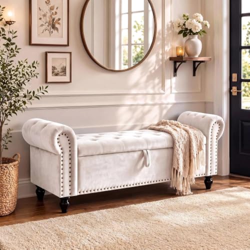 Image of Clevich Storage Bench 133cm, Velvet Fabric Storage Box, Indoor Footstool, Bed Bench, Storage Chest with Armrests for Living Room, Bedroom, Hallway (Beige)