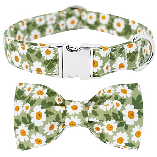 Image of Tunkoo Dog Collar Floral with Elegant Bow Tie Soft Comfy Cotton Adjustable Collar, Premium Metal Buckle for Puppy and Cat Small Medium Large（Green flowers，S）