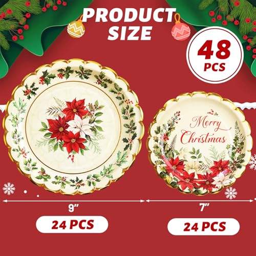 ceiba tree Christmas Paper Plates 48Pcs Vintage Holly Happy Holidays Disposable Dinner and Dessert Plates 9inch and 7inch Merry Christmas Party Supplies Poinsettia Dinnerware Set for 24 Guests – Image 4