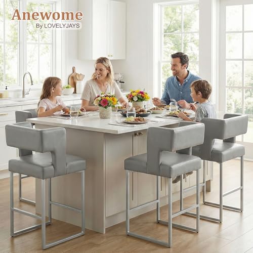 Image of 26 inch H PU Leather Bar Stools Set of 6, Counter Height Bar Seats with Square Back, Modern Upholstered Armless Barstools with Metal Silver Legs for Kitchen Island Dining Room Bar, Light Grey