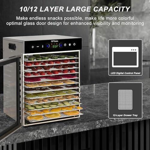Dörrautomat mit Edelstahl-Tabletts, elektrischer Föhn für Obst, Gemüse und Fleisch, ideal für gesunde Snacks und Lebensmittelkonservierung (220 V, 10 Schichten)