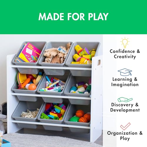 Image of Humble Crew 9-Bin Toy Organizer - Explorer Natural White /Grey Plastic Bins, 3-Tier Storage Solution for Kids' Playrooms and Nurseries