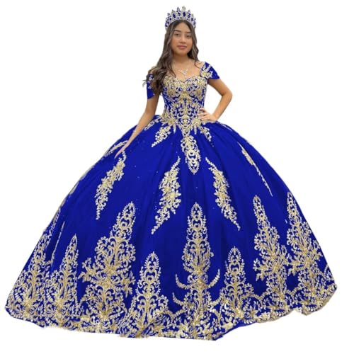 Mauuwy Gold Lace Quinceanera Dresses Glitter Off Shoulder XV Dresses Tulle Puffy Sweet 16 Dresses Ball Gown with Train