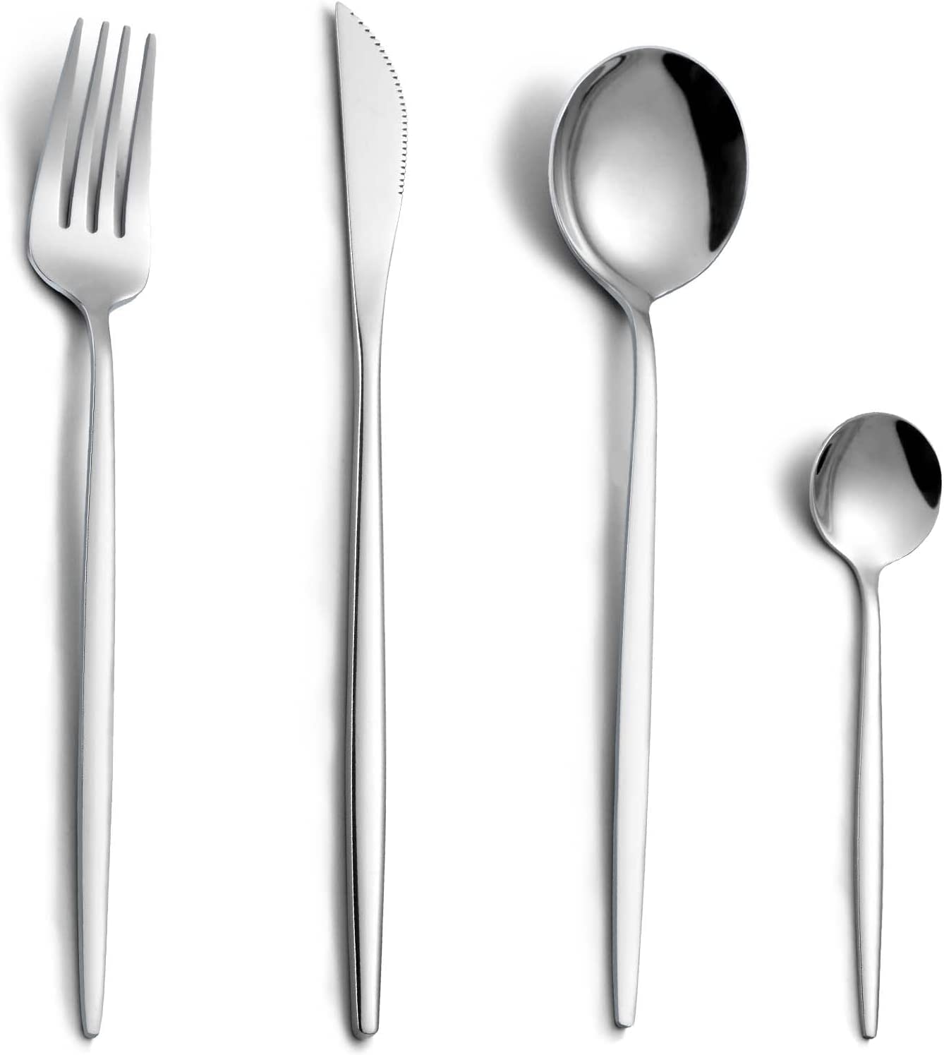 24 Pieces Luxury Matte Black Cutlery Set, Stainless Steel Basic Flatware Cutlery Silverware for Home/Office/Party/Camping, Knife Fork Spoon Eating Utensils Set Service for 6, Mirror Polish (SILVER)