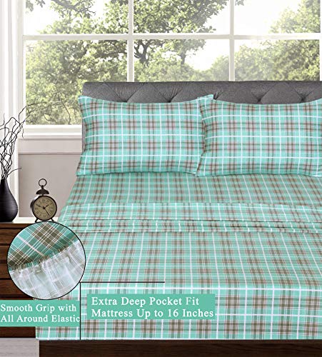 Ruvanti 100% Cotton 4 Pcs Flannel Sheets Full, Deep Pocket, Warm, Super Soft, Breathable, Moisture Wicking Full Size Sheet Sets, Bed Sheets Include Flat, Fitted Sheet,2 Pillowcase - Green Plaid #TOP3