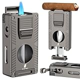 XIFEI 5 in 1 Cigar Lighter with Cigar Cutter V Cut, Cigar Punch, Cigar Draw Enhancer, Cigar Holder, Refillable Butane Torch Lighter Gift for Men, Windproof Double Jet Flame Lighters for Smoking (Gray)