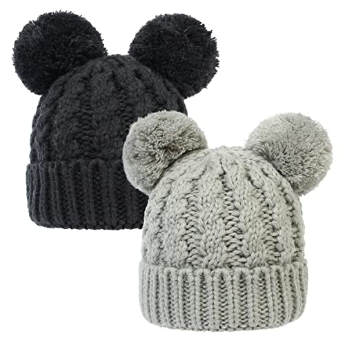 MOK Baby Beanie for Girls Cable Knit Winter Hat with Double Pom Pom Skull Hats