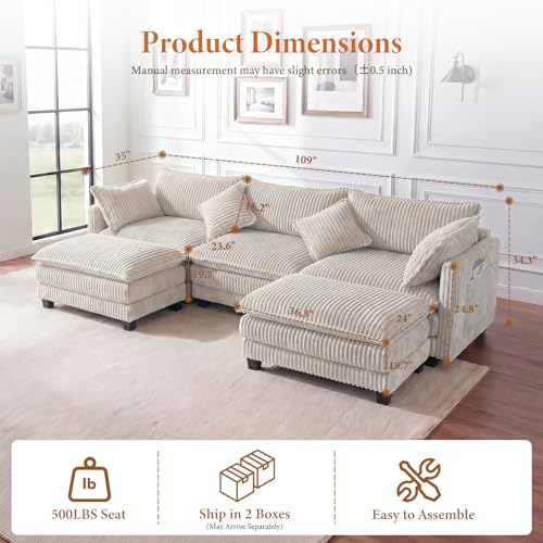 Image of Vesgantti 109 inch U Shaped Cloud Sectional Sofa, Comfy Corduroy Upholstered Sectional Modular Sofas for Living Room, Modern Modular Couch with 2 Ottoman Deep Seat, Beige