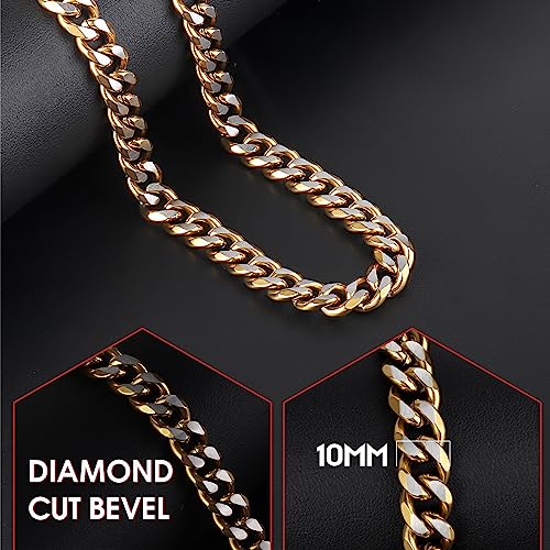 Caritate Stainless Steel Cuban Link Gold Chain For Men, 18K Gold Plated Men Chunky Miami Cuban Necklace Chain For Boy, Two-Tones 10Mm Thick Gold Men Cuban Link Chain Necklace Jewelry #TOP2