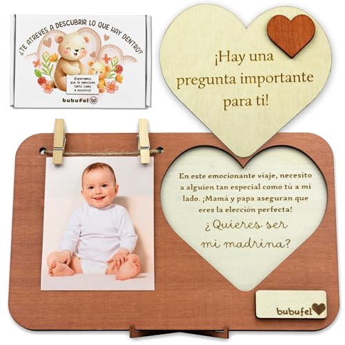 Bubufel Queres ser a minha madrinha? | Padrinhos batismo proposta | Presente Original de Madrinha | Moldura de Fotos 24 x 15 cm | Espaço para Nota Personalizada