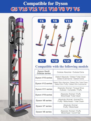 Image of Sturdy Metal Vacuum Stand for Dyson V16 Gen5 V15 V12 V11 V10 V8 V7 V6 , Freestanding Standing Holder w /Hidden Cable Design & 4 Hooks, Space-Saving Storage Rack for Cordless Vacuums, Deep Gray
