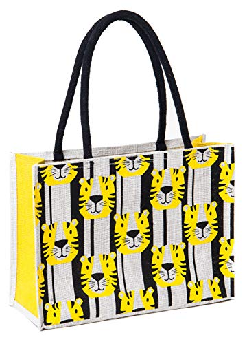 Image of H&B Jute Bag for Shopping - Printed Jute Bag | Shoulder Bag | Shoppers Tote | Jute Bag Big Size | Grocery Bag | eco Friendly Bags for Shopping - Cute & Quirky Collection (Little Tiger - Yellow)