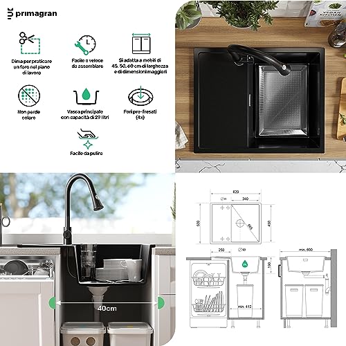 PRIMAGRAN Lavello in Granito 62 x 50 cm, Lavandino...