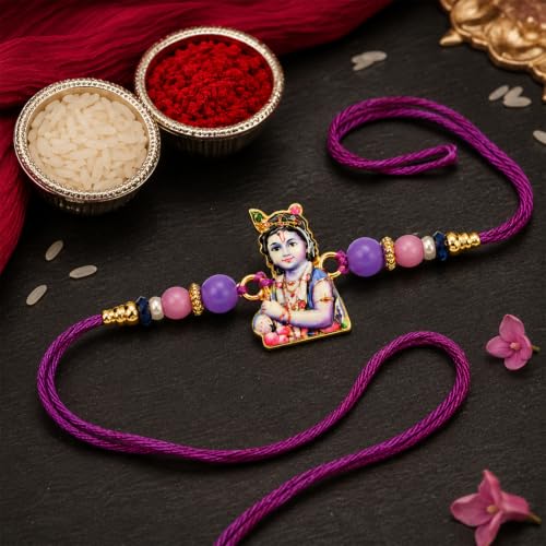 Image of Oblivion Rakhi For Brother Set of 1 - Elegant Krishna Ji With Beads Thread Designer Rakhi with Tilak Set, Greeting Card and Silver Colour Coin - Traditional Raksha Bandhan Combo for Bhai (Pack of 4)