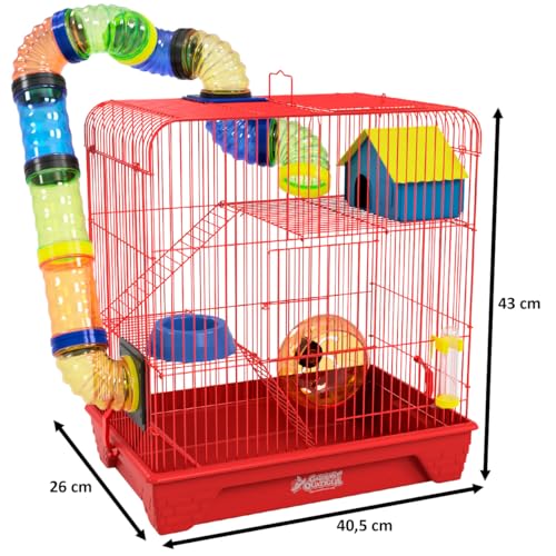 Gaiola Hamster 3 Andares Colorida com Casa Tubos e Rodinha (Vermelha)