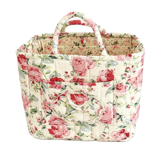Quilted Floral Storage Basket with Handles, Decorative Fabric Organizer Tote Bag for Bedroom Dorm Car, Multifunctional Clothes Toy Storage Bin、Pink Peony