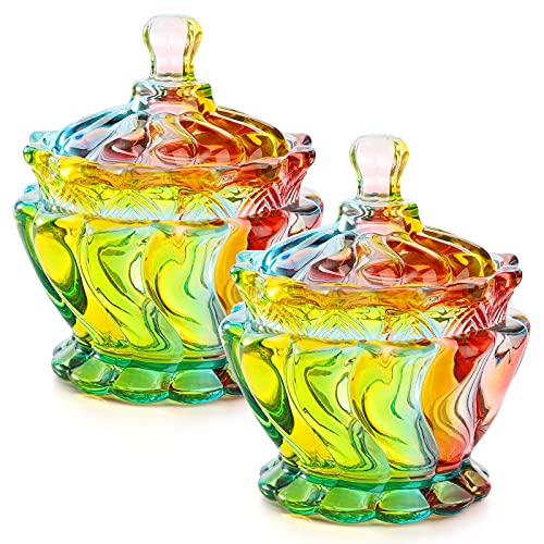 small colorful glass jars - YOUEON Set of 2 Colorful Glass Candy Dish with Lids, 7 Oz Covered Candy Bowl, Rainbow Candy Dish, Jewelry Dish, Small Decorative Jars for Candy Buffet, Kitchen, Home, Office Desk