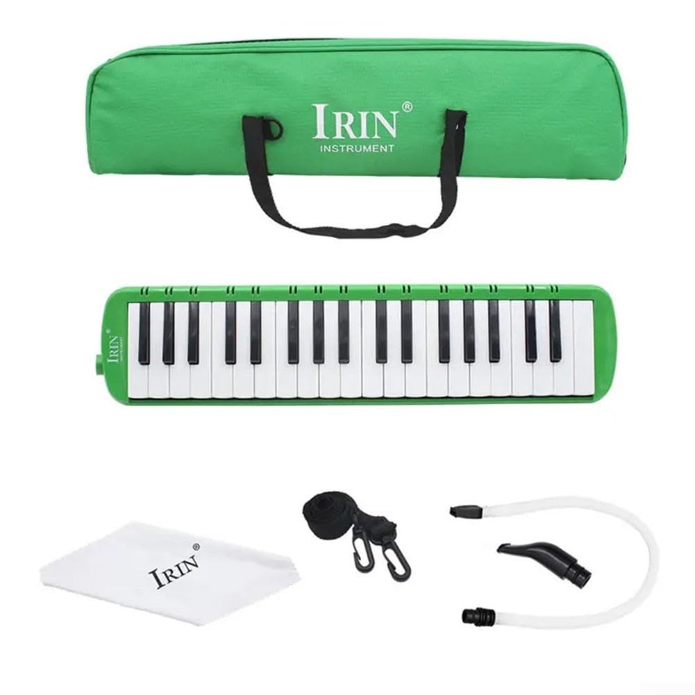 Student Melodica mit 37 Tasten und Tube-Tasche, inklusive kurzen und langen Mundstücken für verschiedene Spielstile (Grün)