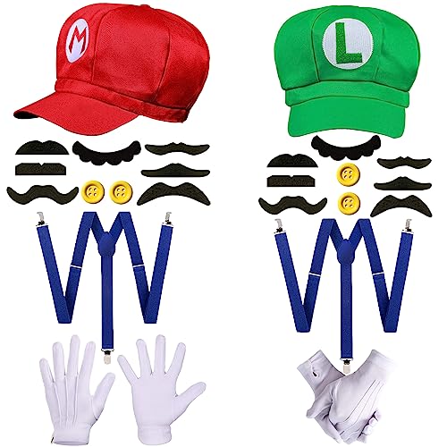 Maria Lugi Hat Costume for Women, Men,Unisex Adults, Kids,Gloves Suspenders Fake Accessory Kit for Halloween Super Bros Cosplay