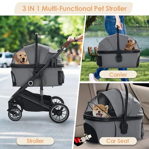 TODEFULL Pet Stroller with 4 Wheels, 3 in 1 Folding Puppy Strollers for Small/Medium Dogs Cats up to 50lbs, Lightweight Pet Travel Carrier with Detachable Cushion, Storage Basket and Cup Holder, Gray - Image 5
