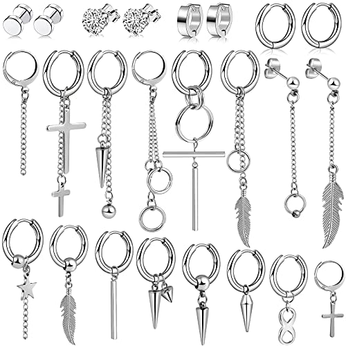 Earrings For Men Women, 24 Pieces Stainless Steel Cross Hinged Hoop Dangle Earrings For Men Women