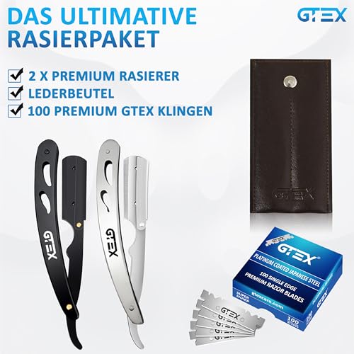 Rasiermesser Herren mit 100 Premium GTEX Rasierklingen & Ledertasche - 2 Rasiermesser & 100 Rasierklinge - Straight Razor Bartmesser Ustura
