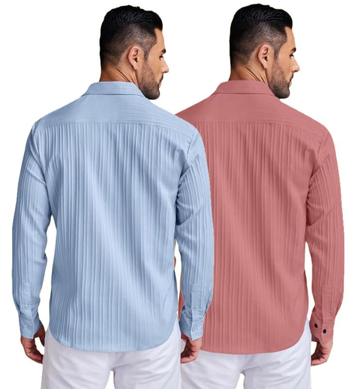 Image of DEELMO Combo of Men's Casual Button Down Shirts Long Sleeve Linen Shirt Fashion Textured Summer Shirts Pack of 2