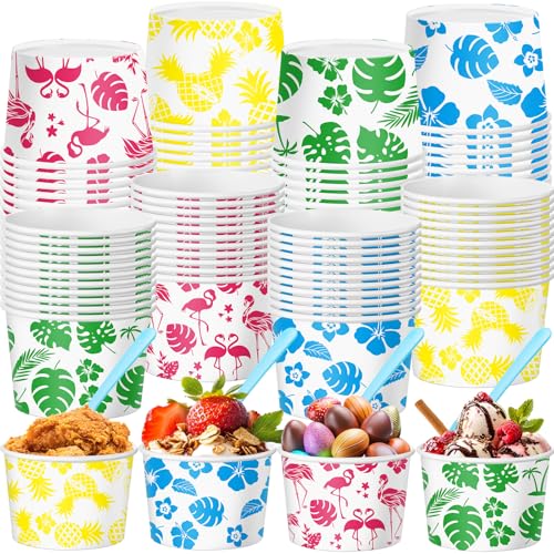 Teenyyou 100 Pcs 9 oz Hawaii Treat Snack Cups with Spoons Summer Ice Cream Bowls Luau Flamingo Dessert Cups Bright Colors Tropical Palm Leaf Paper Soup Bowls for Hot Cold Food Party Favor Supplies