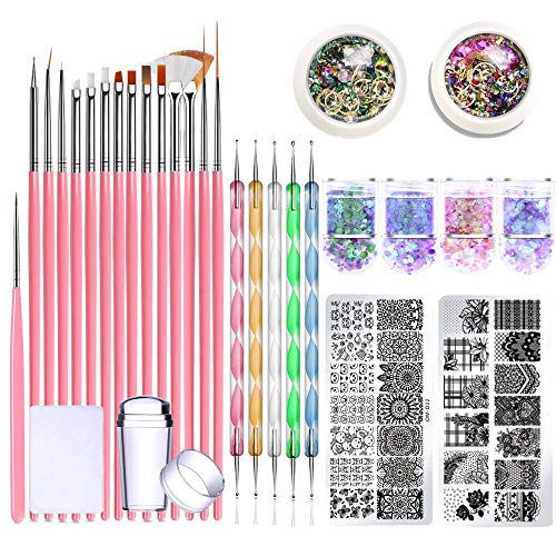 Nail Art Kit for Beginners, includes 2 Stamp Plates,5pcs Dotting Pen, 2pcs 3D Nail Art Rhinestones, 1 Stamper, 1 Scapper, 15PCs Brushes Set, 4PCs Glitter Sequins
