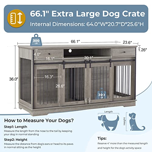 Lyromix Dog Crate Furniture Large Breed Tv Stand With Drawer & 2 Sliding Doors, Dog Kennels And Crates For Medium Large Dogs With Divider, Wood Dog Crate End Table, Grey, 66.1''W*23.6''D*36''H #TOP1