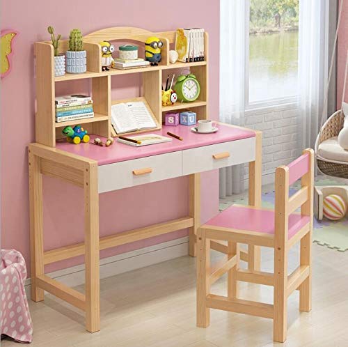 Shoppers Stop Juego de mesa de estudio de madera maciza con estante y silla para niños (rosa)