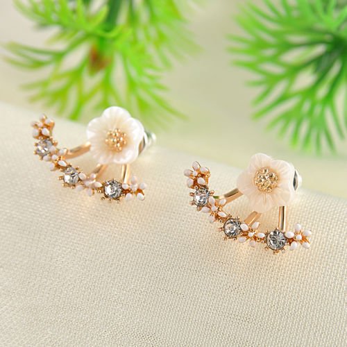 Smilestyle Trendy Women Jewelry Gold+White Flower Crystal Front & Back Ear Jacket Stud Daisy Earrings