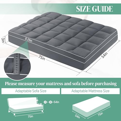 HOMBYS Extra Thick Fitted Futon Mattress Cover Full Size with Anti-Slip Elastic, Plush Down-Alternative Filling for Enhanced Comfort, 100% Polyester Futon Topper, Grey, Cover Only