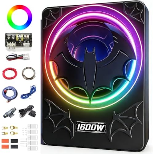 1600W Slim Underseat Car Subwoofer and Amp Package, Powered Under Seat Subwoofer with Built-in Amp, Subsonic Deep Bass, Cast Aluminum, DSP Class D, LED Ambient Light, for Truck SUV Sedan