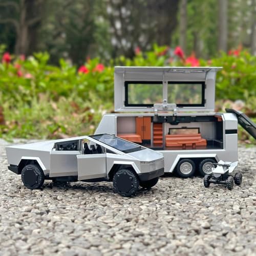 Image of Tesla Cyber Truck Pickup Trailer RV with Motorcycle 1:32 Model Car Alloy Metal Pull Back Die-cast Car Metal Toy car Openable Doors & Light Music Best Gifts Toys Kids【Colors as Per Stock】