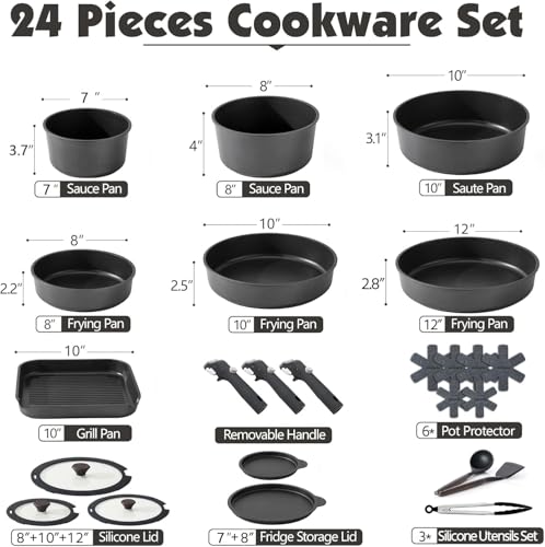Image of SENSARTE 24 Piece Pots and Pans Set, Nonstick Detachable Handle Cookware, Induction Kitchen Cookware Set with Removable Handle, Healthy Non Stick for RV, Dishwasher&Oven Safe (Black)