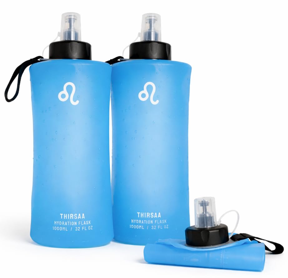 Thirsaa Collapsible 1L Soft Flask Water Bottle (2 Pack) Leak-Proof, BPA FREE Hydration Bottle with Roll Up Design for Running, Hiking, Cycling or Travelling (2, Blue)