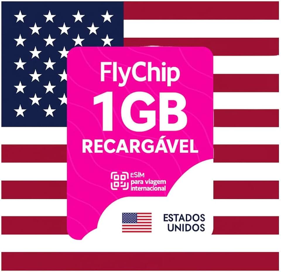 FlyChip eSIM para Estados Unidos, 1GB Recargável, Plano de 30 Dias, Chip Virtual para Viagem Internacional