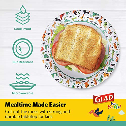 Glad Kids Dinosaur-Themed Heavy Duty Disposable Paper Plates - Soak Proof, Microwavable, 8.5" Round Plates, Perfect for Birthday Parties and Dinosaur Lovers - Pack of 20